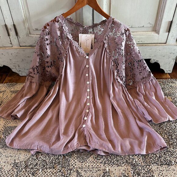 Cotton Blouse 3/4 Sleeve Button Front Floral Purple Top - Picture 4 of 8